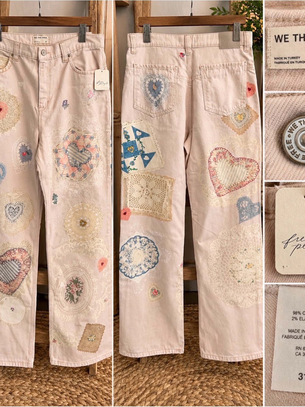 Free People We The Free Illusion Printed Straight Leg Jeans Pink Hearts NWT 31